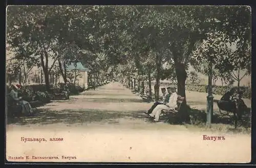 AK Batumi, Boulevard mit Baumallee und sitzenden Personen