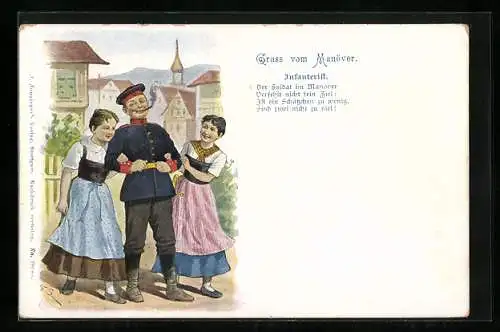 AK Gruss vom Kaisermanöver, Soldat der Infanterie in Uniform mit zwei jungen Frauen im Arm