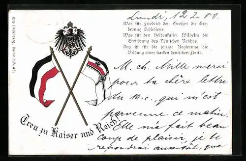 AK Reichsadler, Reichs- und Reichkriegsflagge, Treu zu Kaiser und Reich!