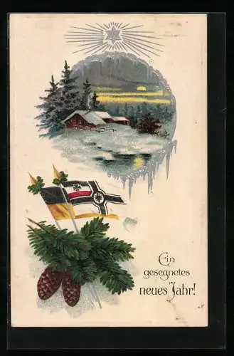 AK Darstellung einer verschneiten Winterlandschaft mit Reichskriegsflagge