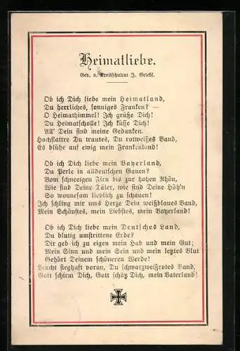 AK Heimatliebe, Ob ich Dich leibe mein Heimatland..., Eisernes Kreuz