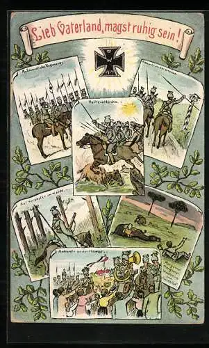 AK Lieb Vaterland, magst ruhig sein, Aufmarsch des Regiments, Reiterattacke, Ankunft an der Grenze