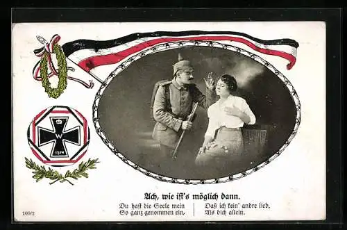 AK Soldat in Uniform mit Frau, Fahne, Eisernes Kreuz