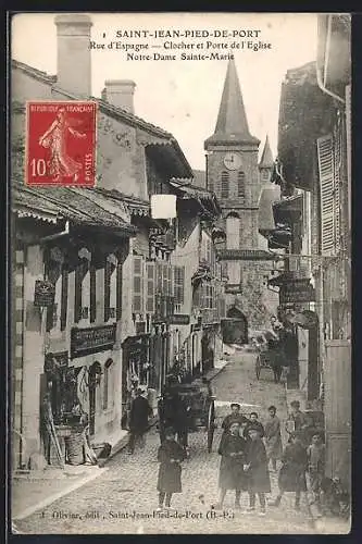 AK Saint-Jean-Pied-de-Port, Rue d`Espagne, Clocher et Porte de l`Eglise, Notre-Dame Sainte-Marie