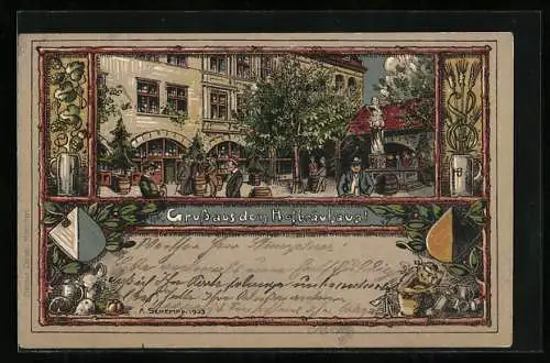 Lithographie München, Hofbräuhaus, Hofpartie, Wappen