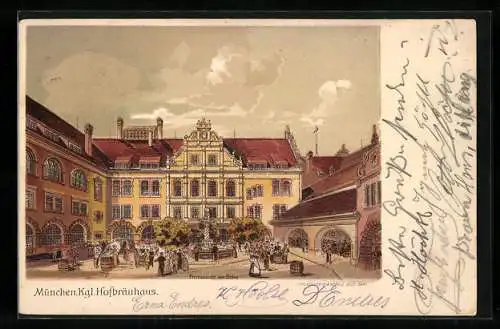 Lithographie München, Hofbräuhaus, Frontansicht des Hofes, Leute