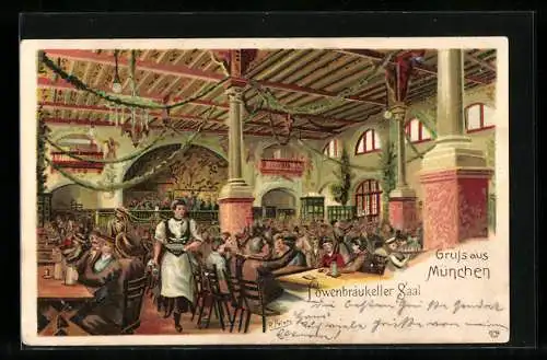 Lithographie München, Löwenbräu-Keller, Innenansicht Saal