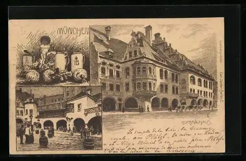 Lithographie München, Hofbräuhaus, Hofpartie, Bierkrüge