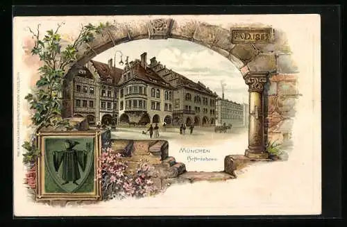 Passepartout-Lithographie München, Münchner Hofbräuhaus, Wappen mit Münchner Kindl