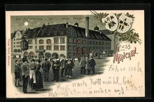 Lithographie München, Das Hofbräuhaus in seiner neuen Gestalt bei Mondschein