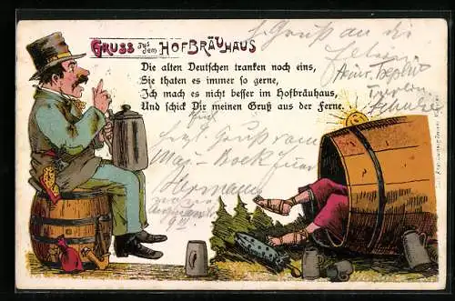 Lithographie München, Hofbräuhaus, Mann mit Bierkrug