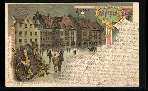 Lithographie München, Gäste vor dem Münchner Hofbräuhaus