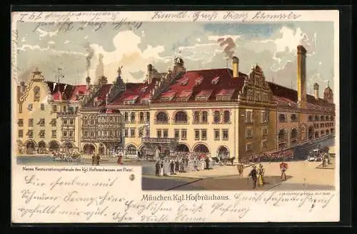 Lithographie Aussenansicht vom Münchner Hofbräuhaus, neues Restaurationsgebäude am Platzl