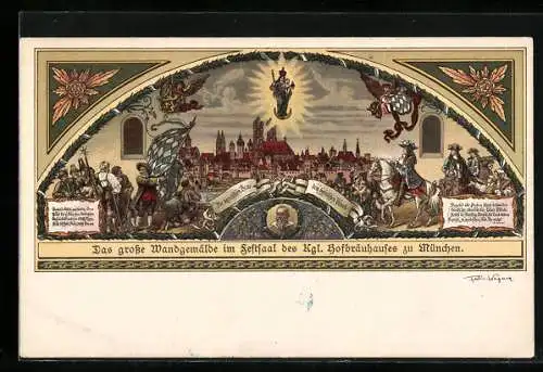 Lithographie München, das grosse Wandgemälde im Festsaal des kgl. Hofbräuhauses