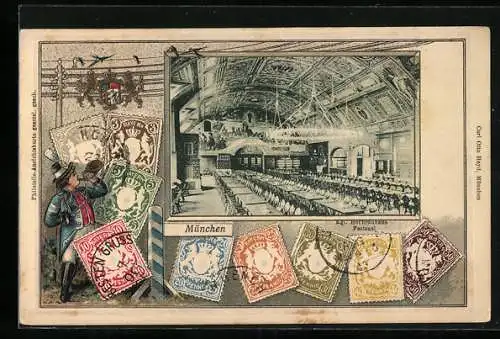 Lithographie München, Königliches Hofbräuhaus, Festsaal, Innenansicht, Briefmarken und Postbote, Passepartout