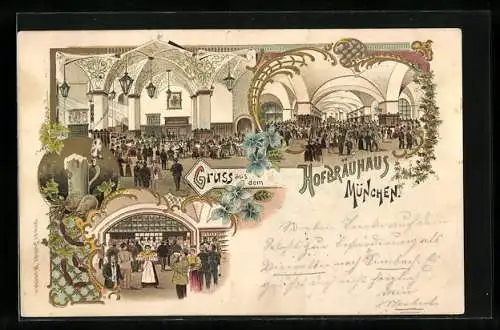 Lithographie München, Münchner Hofbräuhaus, Festhalle und Schenke