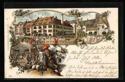 Lithographie München, Hofbräuhaus, Inneres der Schänke, Hofraum