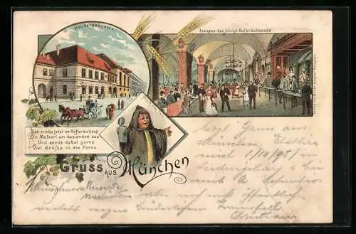 Vorläufer-Lithographie München, 1895, Königliches Hofbräuhaus, Innenansicht, Münchner Kindl mit Bierkrug