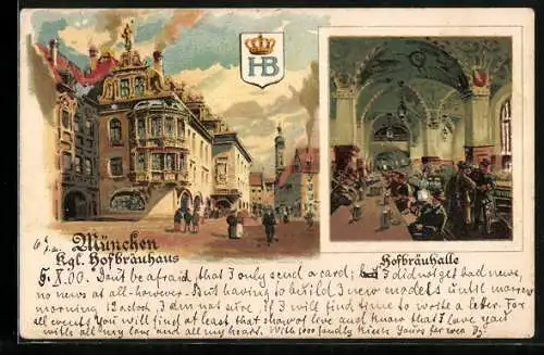 Lithographie Münchner Hofbräuhaus, Hofbräuhalle, Wappen