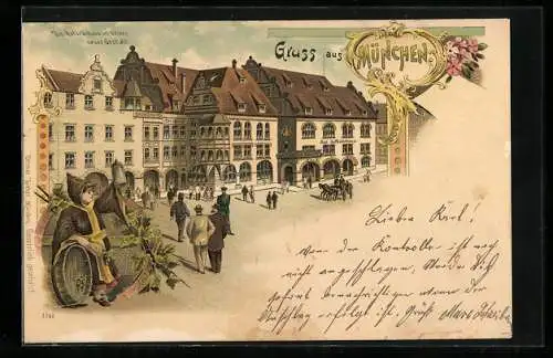 Lithographie Münchner Hofbräuhaus, Münchner Kindl mit Mass