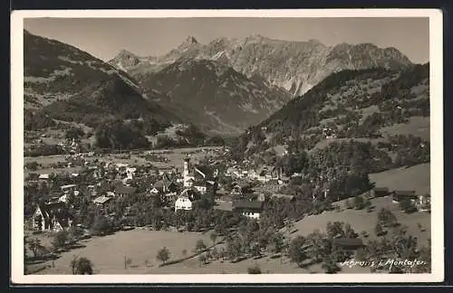 AK Schruns i. Montafon, Gesamtansicht mit Gipfelpanorama
