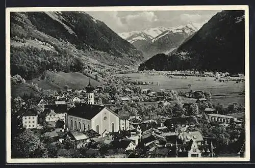 AK Schruns, Ortsansicht gegen die Silvrettagruppe im Montafon