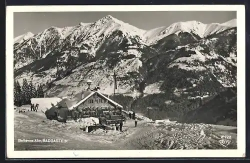 AK Badgastein, Belelvue-Alm mit Berghütte im Winter