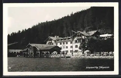 AK Scholastika a. Achensee, Hotel Scholastika vom Wasser aus