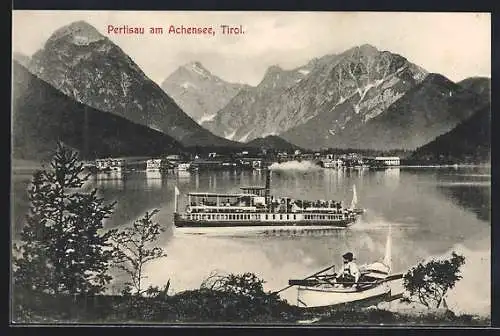 AK Pertisau, Blick zum Ort über den Achensee mit Passagierschiff