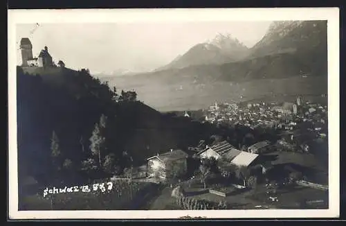 AK Schwaz, Ortsansicht mit Bergkirche aus der Vogelschau