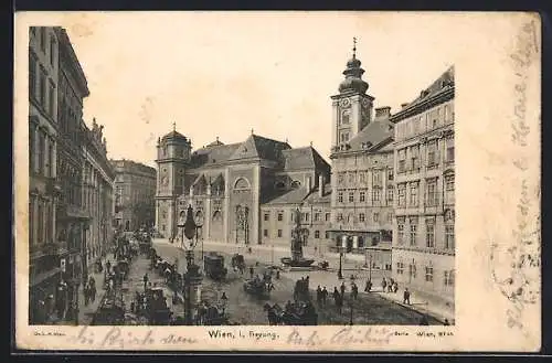 AK Wien, Freyung mit Brunnen von Schwanthaler und Pferdekutschen