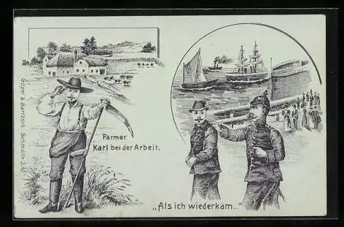 Lithographie Farmer Karl bei der Arbeit im Warmen und von der Polizei abgeführt am Hafen