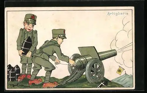 AK Zwei Knaben in Uniform laden eine Kanone, Kinder Kriegspropaganda