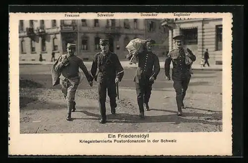 AK Ein Friedensidyll, französicher, deutscher und englischer Soldat mit Feldpost in der Schweiz