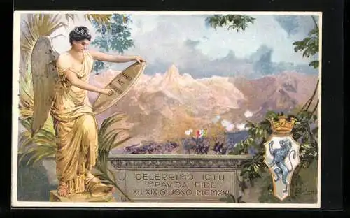 Lithographie Allegorische Frauenfigur mit Schild mit Kampfspruch der Infanteristen, Mitraglieri