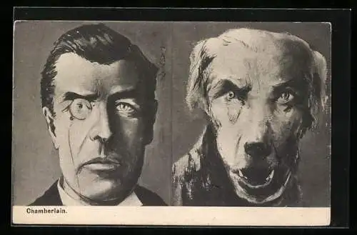 AK Der britische Pemierminister Neville Chamberlain und seine Ähnlichkeit zu einem Hund, Karikatur