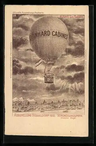 Lithographie Düsseldorf, Ausstellung 1902, Heissluftballon Deinhard Cabinet über dem Vergnügungspark