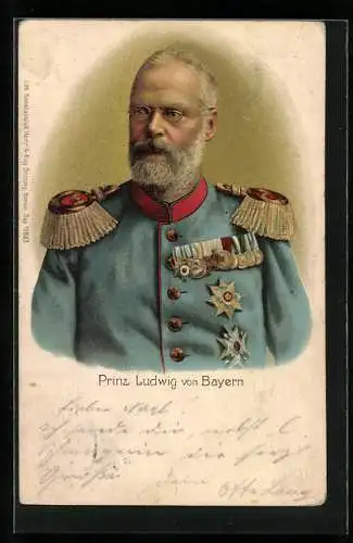 Lithographie Prinz Ludwig von Bayern in Uniform mit Epauletten