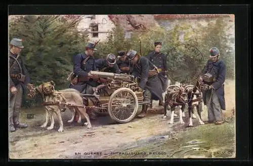 AK Mitrailleuses Belges, belgische Soldaten laden ein Maschinengewehr auf ein Hundegespann