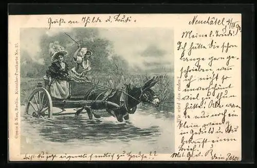 AK Zwei junge Damen in einem Eselgespann im flachen Wasser