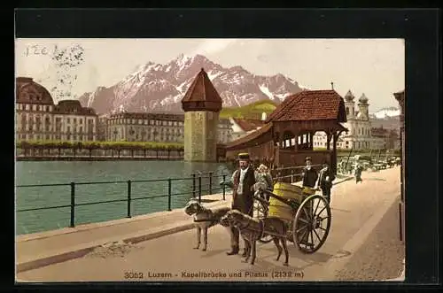 AK Luzern, Hundegespann auf der Kapellbrücke mit Blick zum Pilatus