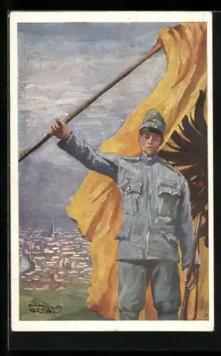 Künstler-AK Österreichischer Soldat mit Flagge in der Hand