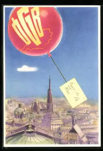 Leporello-AK Wien, Gesamtösterreichisches Gewerkschaftstreffen 1953, Ballon mit ÖGB-Aufdruck