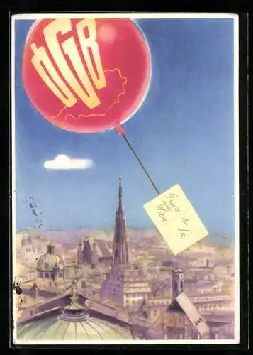 Leporello-AK Wien, Gesamtösterreichisches Gewerkschaftstreffen 1953, Ballon mit ÖGB-Aufdruck