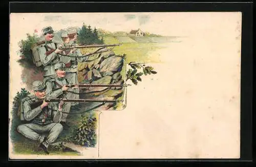 Lithographie Fünf österreichische Soldaten mit ihren Gewehren in Stellung