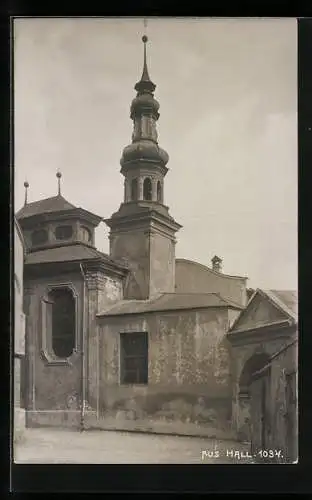 Foto-AK A. Stockhammer: Hall, Strassenpartie mit Kirche