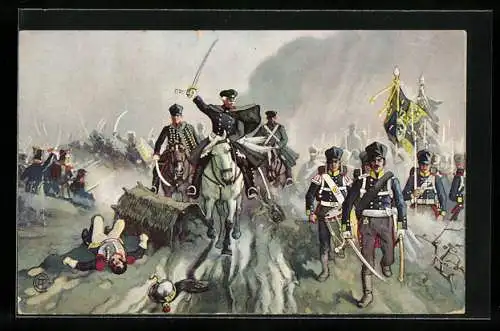 AK Völkerschlacht 1813, General Blüchers Sieg an der Katzbach, Reklame Dr. Ernst Sandows Mineralwasser-Salze