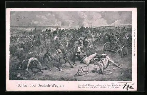 Künstler-AK Deutsch-Wagram, Schlacht bei Deutsch-Wagram, Marschall Davout stürzt beim Angriff auf die Österreicher 1809