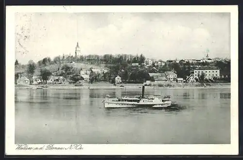 AK Wallsee a. d. Donau, Uferpartie mit Binnenschiff