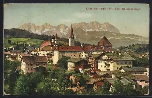 AK Kitzbühel /Tirol, Teilansicht mit dem Kaisergebirge